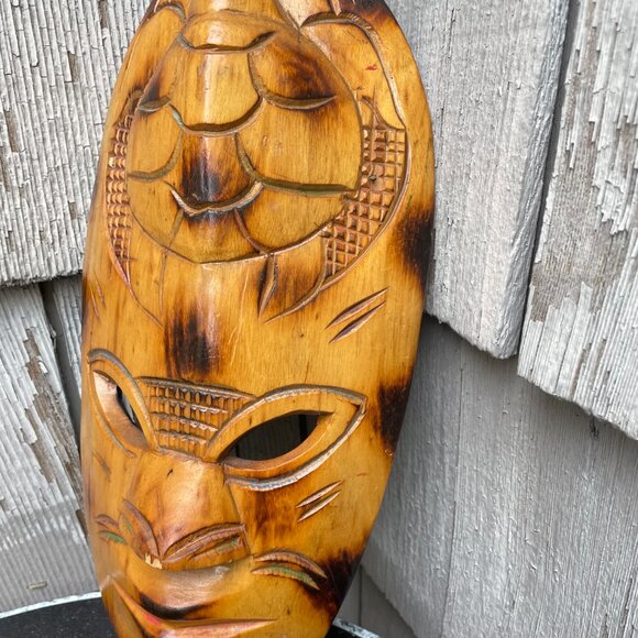 Fijian Tiki Vtg Wooden Tribal Mask Lot of 2 Hand Carved Wall Art - Picture 3 of 12